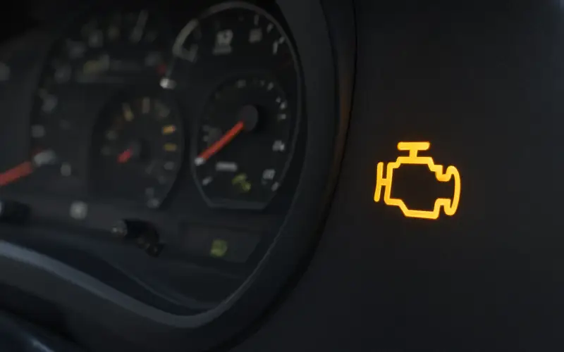 Illustration: amber check engine light on a car dashboard