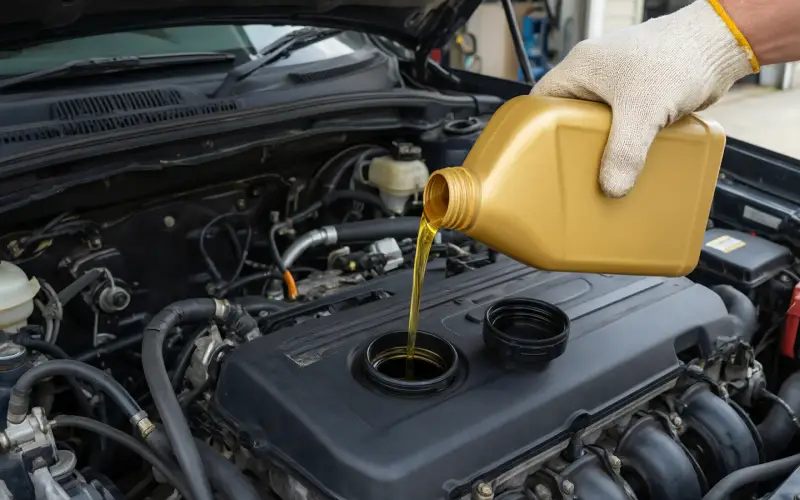 Illustration: fresh motor oil being poured into an engine