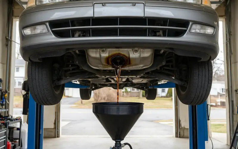 Illustration: used oil draining from a car on a lift
