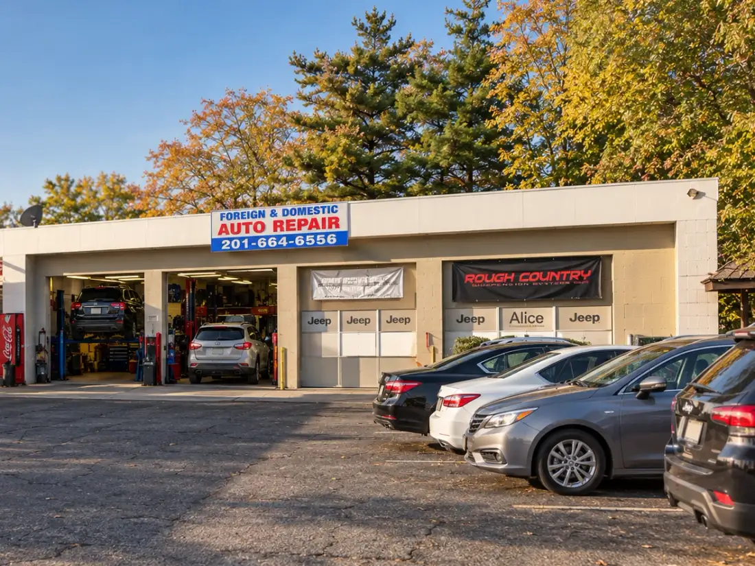 Alice Motorsport service bays and sign on Kinderkamack Road in Westwood, NJ